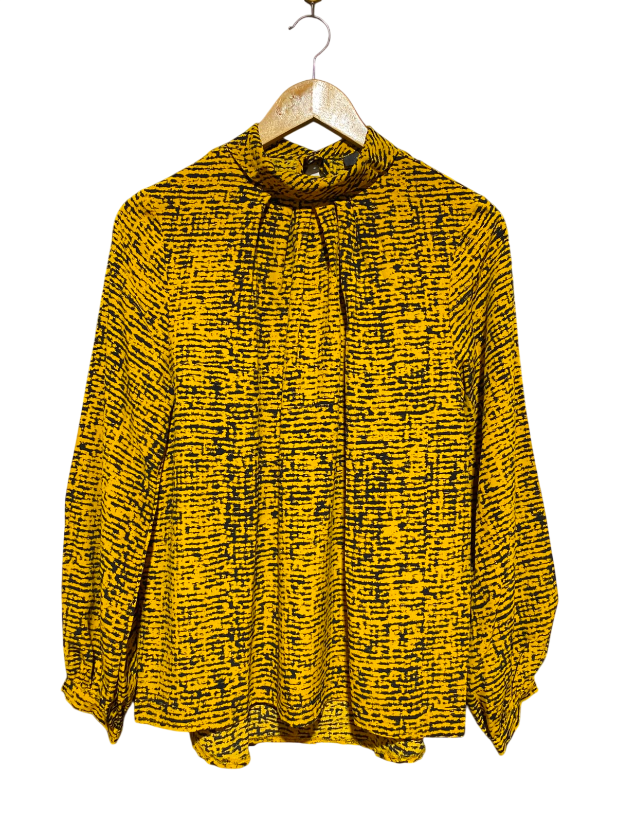 PRIMARK |M| BUST 18| A13| MUSTARD YELLOW & BLACK HIGH-NECK BLOUSE - LONG SLEEVE ABSTRACT PRINT TOP