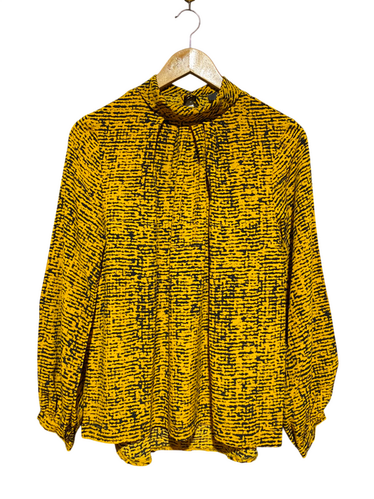PRIMARK |M| BUST 18| A13| MUSTARD YELLOW & BLACK HIGH-NECK BLOUSE - LONG SLEEVE ABSTRACT PRINT TOP
