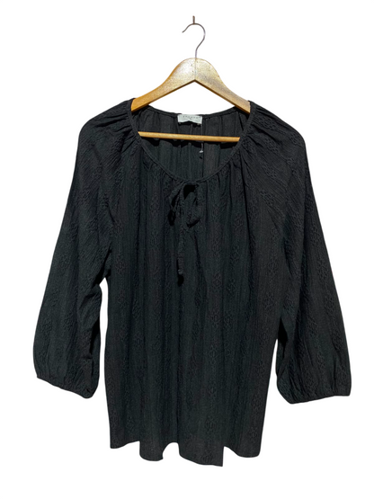 PAPAYA |XL| BUST 24| A13| BLACK EMBROIDERED PEASANT BLOUSE - CASUAL TIE-NECK LONG SLEEVE TOP