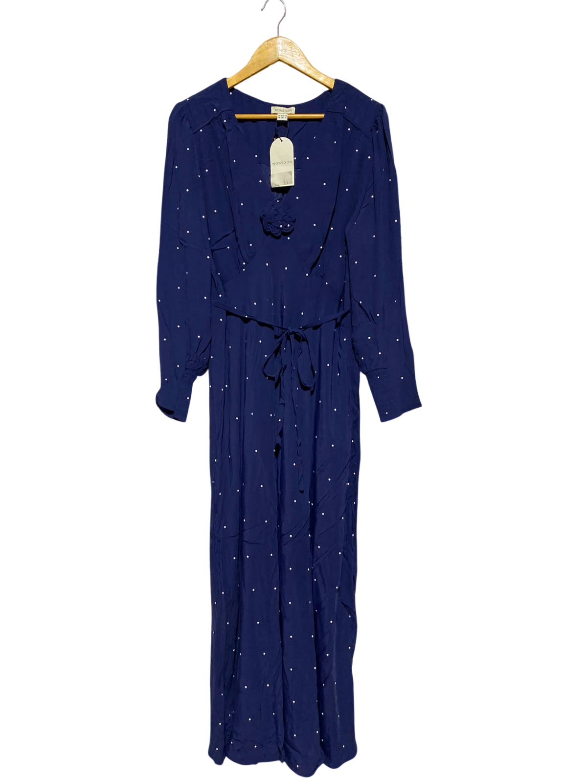 MONSOON |M| BUST 18| A13| NAVY BLUE POLKA DOT MAXI DRESS - LONG SLEEVE BELTED EVENING DRESS