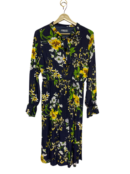 FASHION |M| BUST 18| A13| NAVY BLUE FLORAL PRINT MIDI DRESS - LONG SLEEVE PLEATED BOW-NECK DRESS