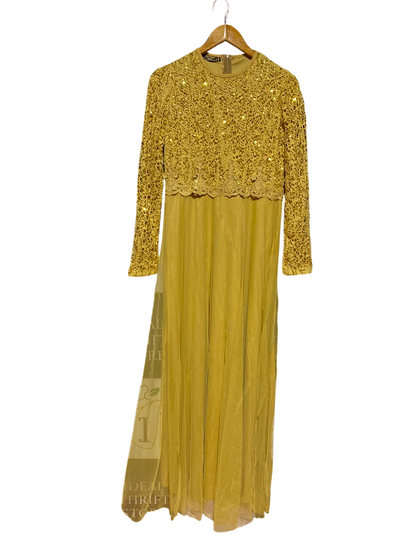 AYSE MELEK |M| BUST 18| A13| GOLD EMBELLISHED LACE MAXI DRESS - ELEGANT LONG SLEEVE SEQUIN EVENING GOWN