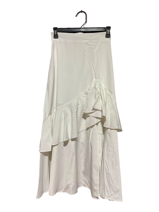 SHEIN |XS| WAIST 24| A13| WOMEN'S ELEGANT WHITE RUFFLED MAXI SKIRT - HIGH WAISTED ASYMMETRICAL TIERED SKIRT