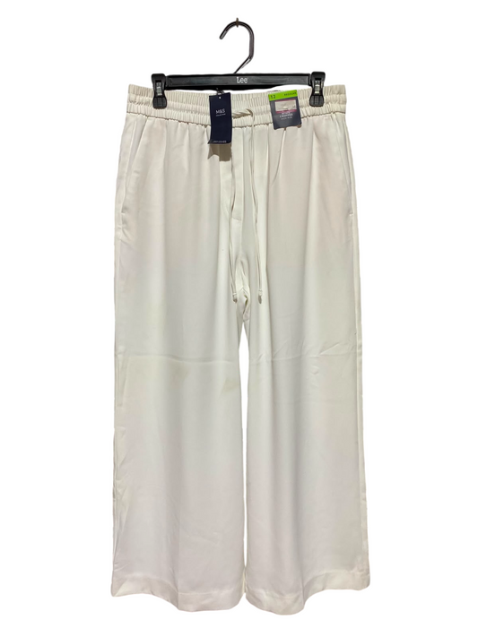 M&S |L| WAIST 30| A13| WHITE HIGH RISE CROPPED WIDE LEG TROUSERS - CASUAL DRAWSTRING PALAZZO PANTS