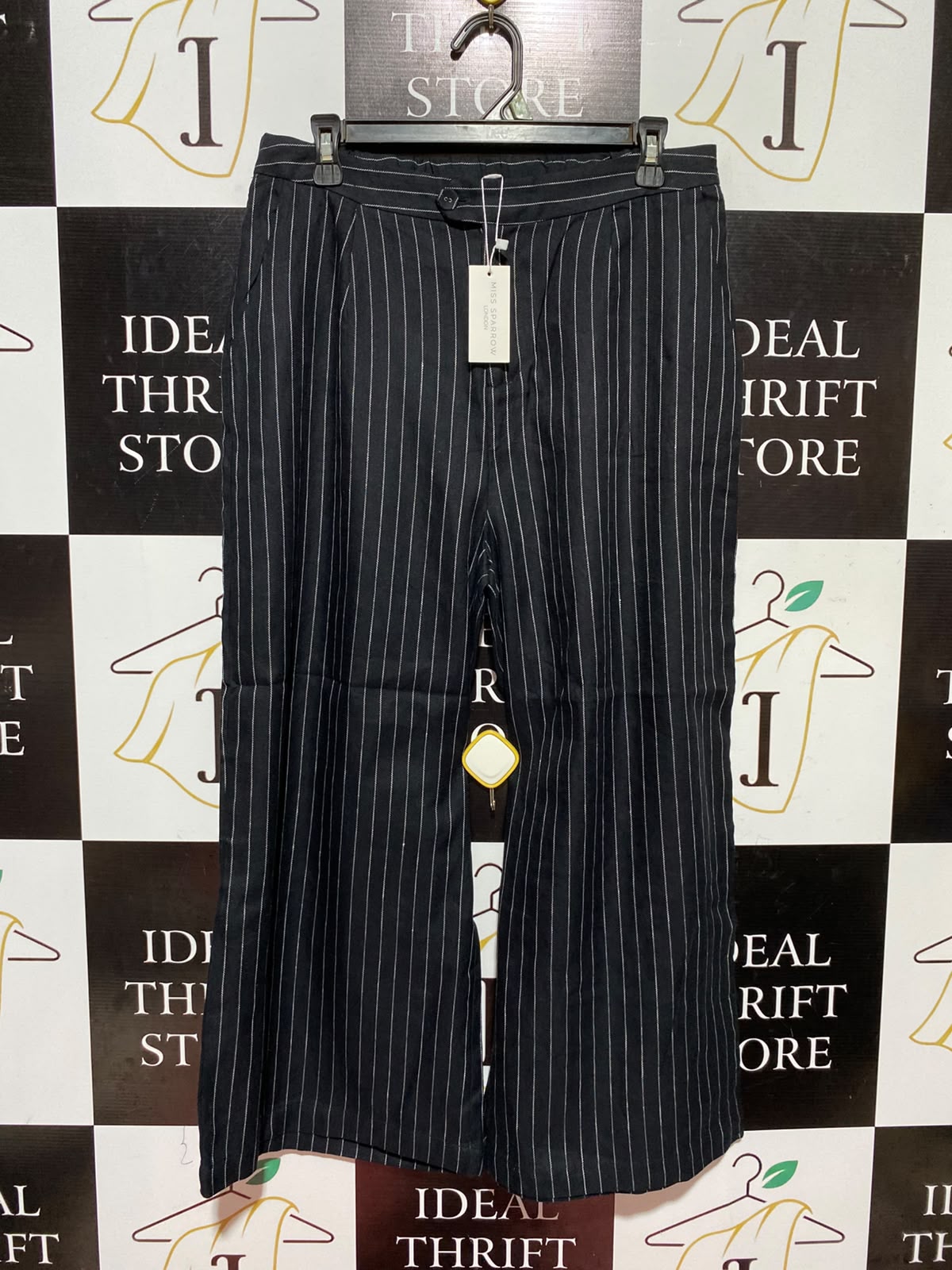 MIS SPARROW |L| WAIST 30| A13| WOMEN'S BLACK PINSTRIPE WIDE LEG TROUSERS - ELEGANT HIGH WAISTED FORMAL & CASUAL PANTS