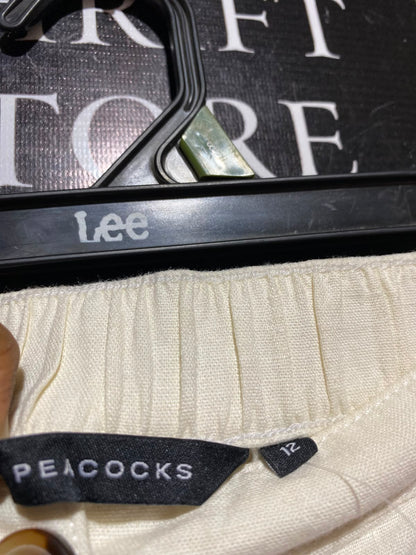 PEACOCKKS |L| WAIST 31| A13| WOMEN'S BEIGE HIGH WAISTED STRAIGHT LEG LINEN BLEND TROUSERS - CASUAL SUMMER & WORKWEAR PANTS