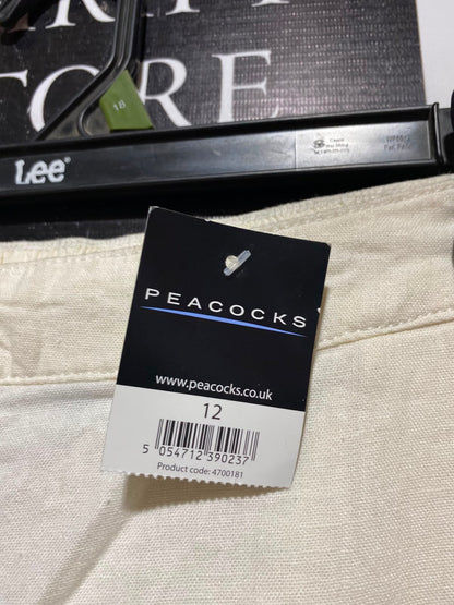 PEACOCKKS |L| WAIST 31| A13| WOMEN'S BEIGE HIGH WAISTED STRAIGHT LEG LINEN BLEND TROUSERS - CASUAL SUMMER & WORKWEAR PANTS