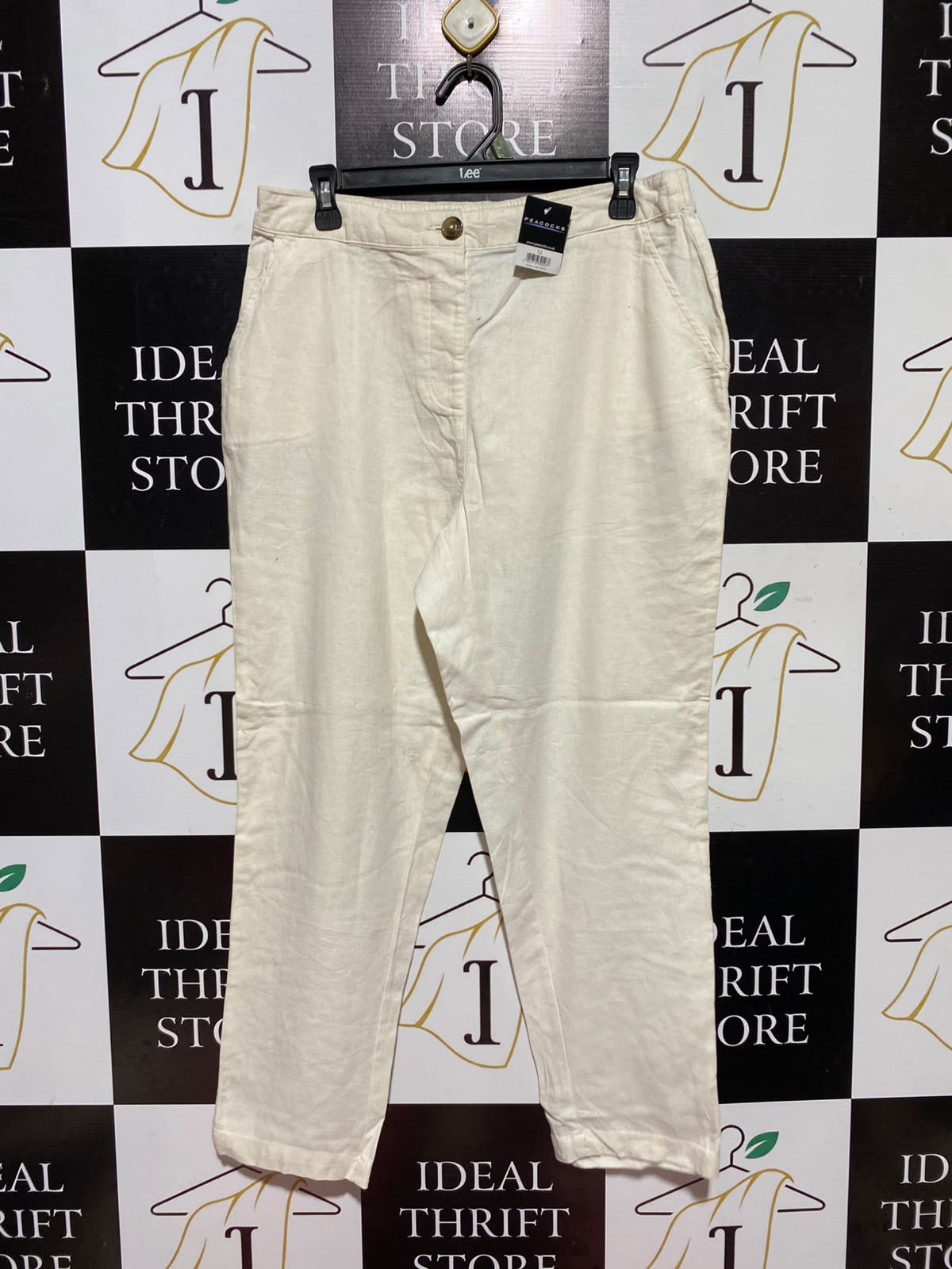PEACOCKKS |L| WAIST 31| A13| WOMEN'S BEIGE HIGH WAISTED STRAIGHT LEG LINEN BLEND TROUSERS - CASUAL SUMMER & WORKWEAR PANTS