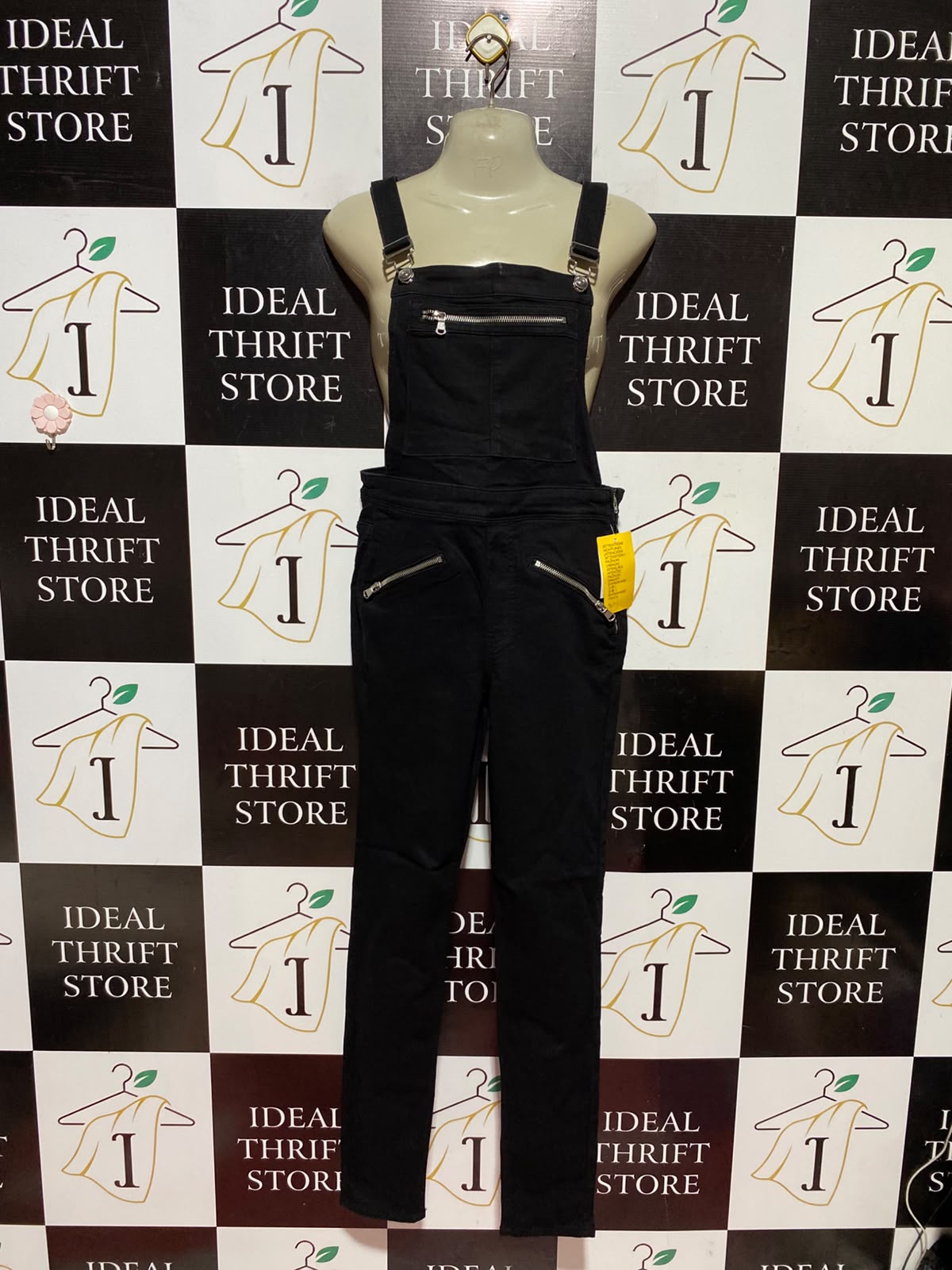 H&M DIVIDED |M| A13| WOMEN'S BLACK DENIM OVERALLS - SLIM FIT DUNGAREES WITH ZIPPER POCKET DETAILS