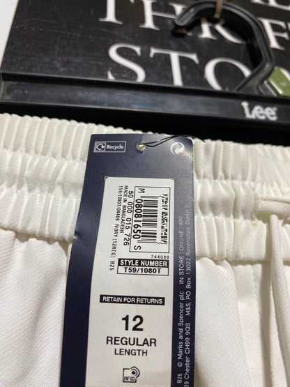 M&S |L| WAIST 30| A13| WHITE HIGH RISE CROPPED WIDE LEG TROUSERS - CASUAL DRAWSTRING PALAZZO PANTS