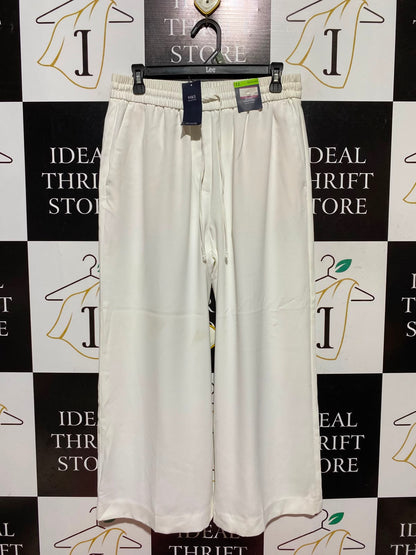 M&S |L| WAIST 30| A13| WHITE HIGH RISE CROPPED WIDE LEG TROUSERS - CASUAL DRAWSTRING PALAZZO PANTS
