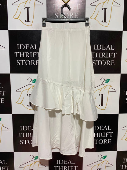 SHEIN |XS| WAIST 24| A13| WOMEN'S ELEGANT WHITE RUFFLED MAXI SKIRT - HIGH WAISTED ASYMMETRICAL TIERED SKIRT
