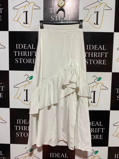 SHEIN |XS| WAIST 24| A13| WOMEN'S ELEGANT WHITE RUFFLED MAXI SKIRT - HIGH WAISTED ASYMMETRICAL TIERED SKIRT