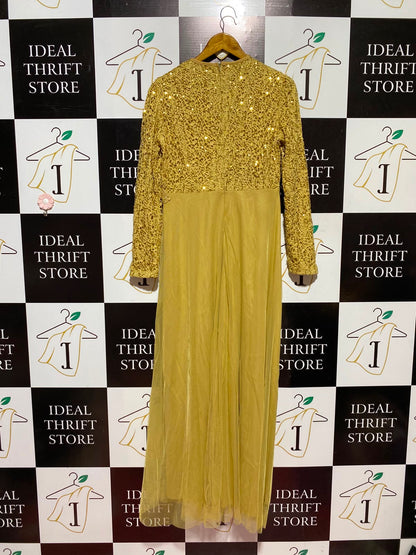 AYSE MELEK |M| BUST 18| A13| GOLD EMBELLISHED LACE MAXI DRESS - ELEGANT LONG SLEEVE SEQUIN EVENING GOWN