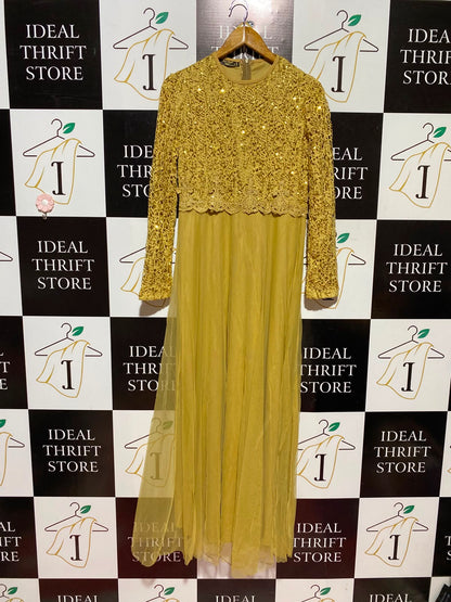 AYSE MELEK |M| BUST 18| A13| GOLD EMBELLISHED LACE MAXI DRESS - ELEGANT LONG SLEEVE SEQUIN EVENING GOWN