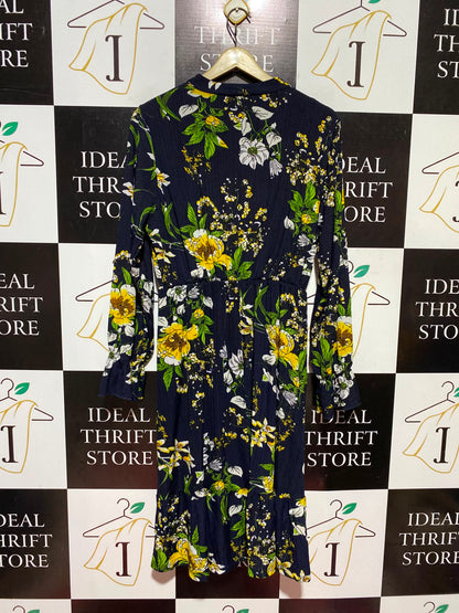 FASHION |M| BUST 18| A13| NAVY BLUE FLORAL PRINT MIDI DRESS - LONG SLEEVE PLEATED BOW-NECK DRESS