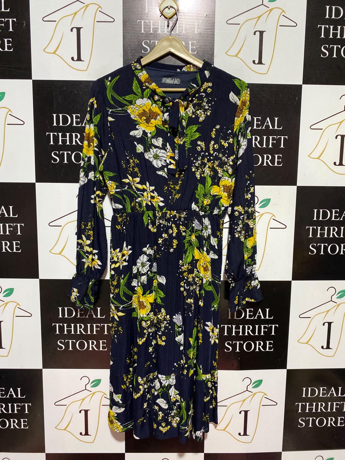 FASHION |M| BUST 18| A13| NAVY BLUE FLORAL PRINT MIDI DRESS - LONG SLEEVE PLEATED BOW-NECK DRESS
