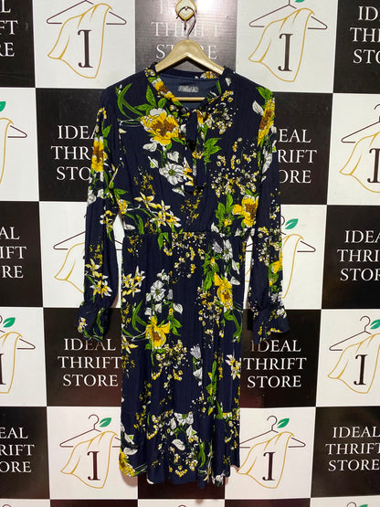 FASHION |M| BUST 18| A13| NAVY BLUE FLORAL PRINT MIDI DRESS - LONG SLEEVE PLEATED BOW-NECK DRESS
