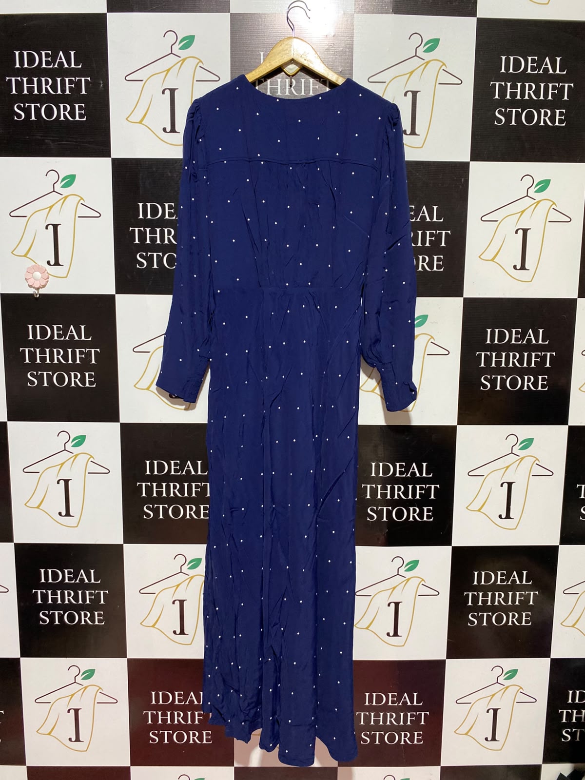 MONSOON |M| BUST 18| A13| NAVY BLUE POLKA DOT MAXI DRESS - LONG SLEEVE BELTED EVENING DRESS