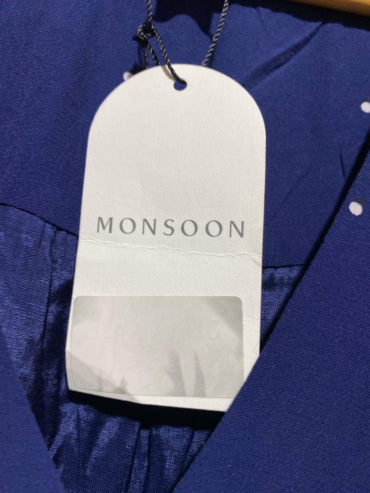 MONSOON |M| BUST 18| A13| NAVY BLUE POLKA DOT MAXI DRESS - LONG SLEEVE BELTED EVENING DRESS