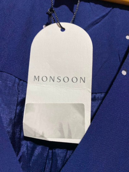 MONSOON |M| BUST 18| A13| NAVY BLUE POLKA DOT MAXI DRESS - LONG SLEEVE BELTED EVENING DRESS