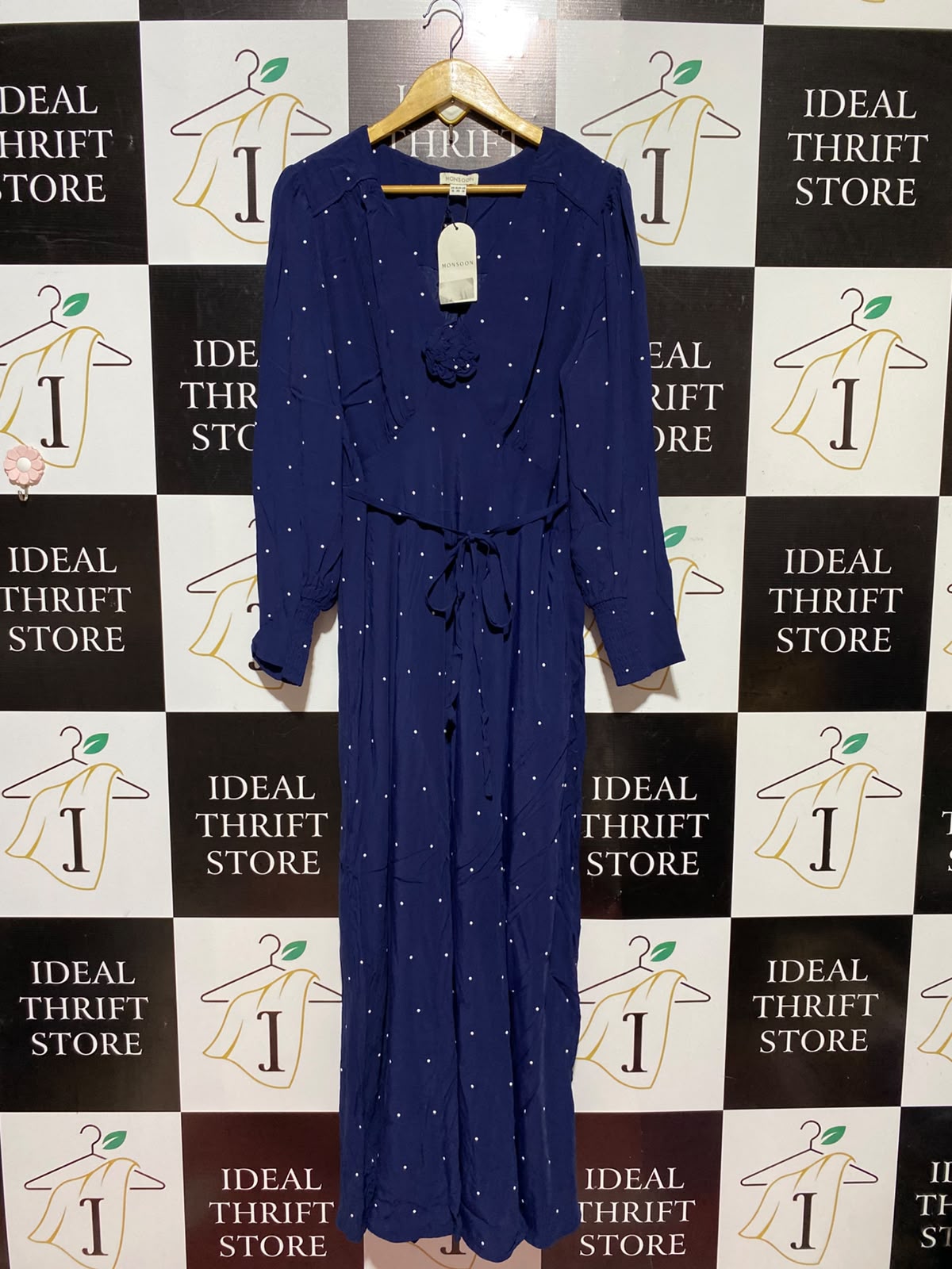 MONSOON |M| BUST 18| A13| NAVY BLUE POLKA DOT MAXI DRESS - LONG SLEEVE BELTED EVENING DRESS