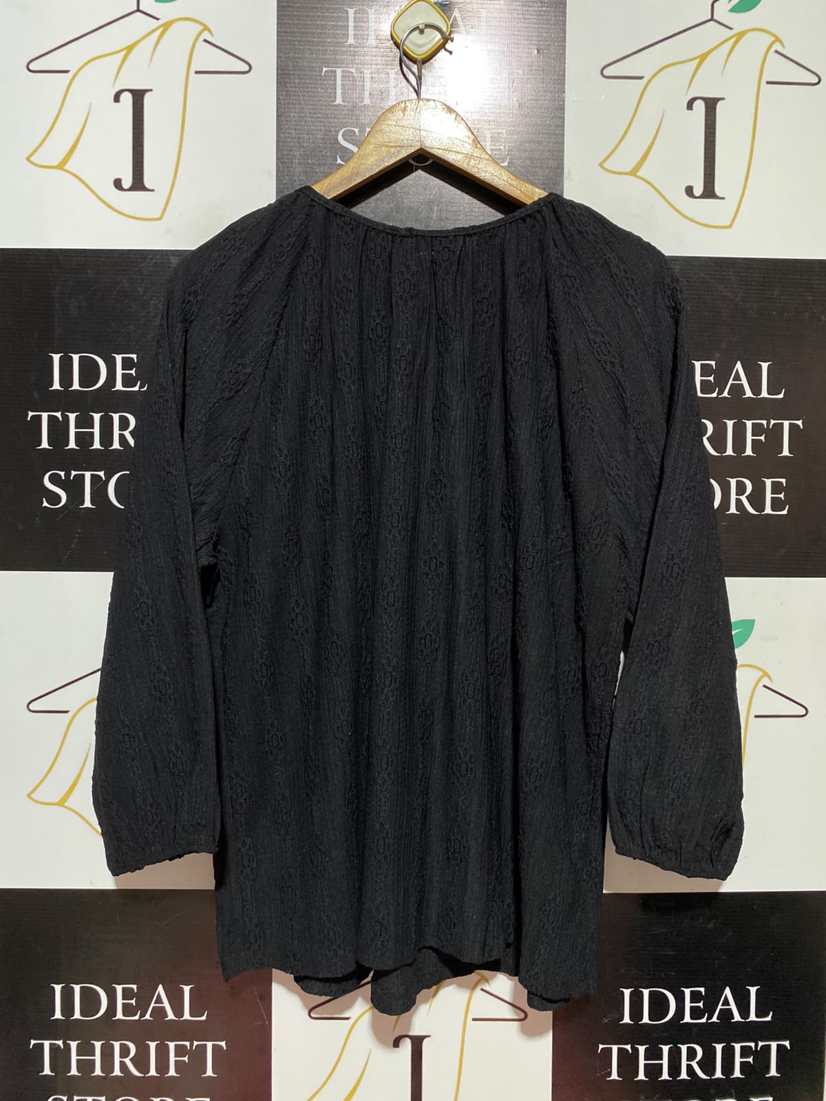 PAPAYA |XL| BUST 24| A13| BLACK EMBROIDERED PEASANT BLOUSE - CASUAL TIE-NECK LONG SLEEVE TOP