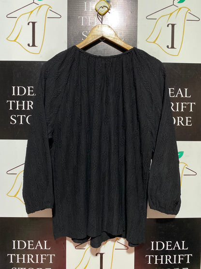 PAPAYA |XL| BUST 24| A13| BLACK EMBROIDERED PEASANT BLOUSE - CASUAL TIE-NECK LONG SLEEVE TOP
