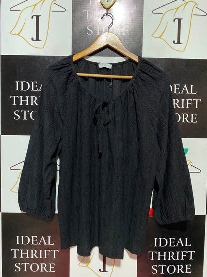 PAPAYA |XL| BUST 24| A13| BLACK EMBROIDERED PEASANT BLOUSE - CASUAL TIE-NECK LONG SLEEVE TOP