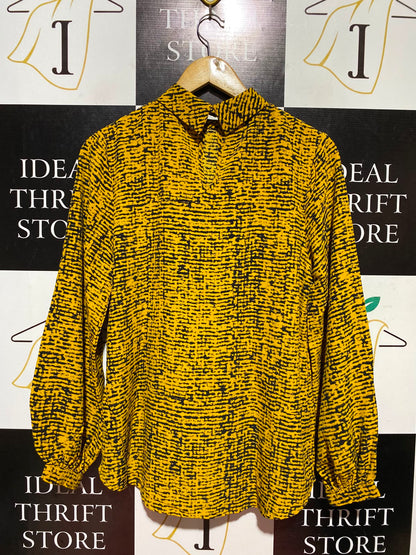 PRIMARK |M| BUST 18| A13| MUSTARD YELLOW & BLACK HIGH-NECK BLOUSE - LONG SLEEVE ABSTRACT PRINT TOP