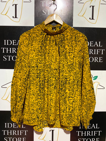 PRIMARK |M| BUST 18| A13| MUSTARD YELLOW & BLACK HIGH-NECK BLOUSE - LONG SLEEVE ABSTRACT PRINT TOP