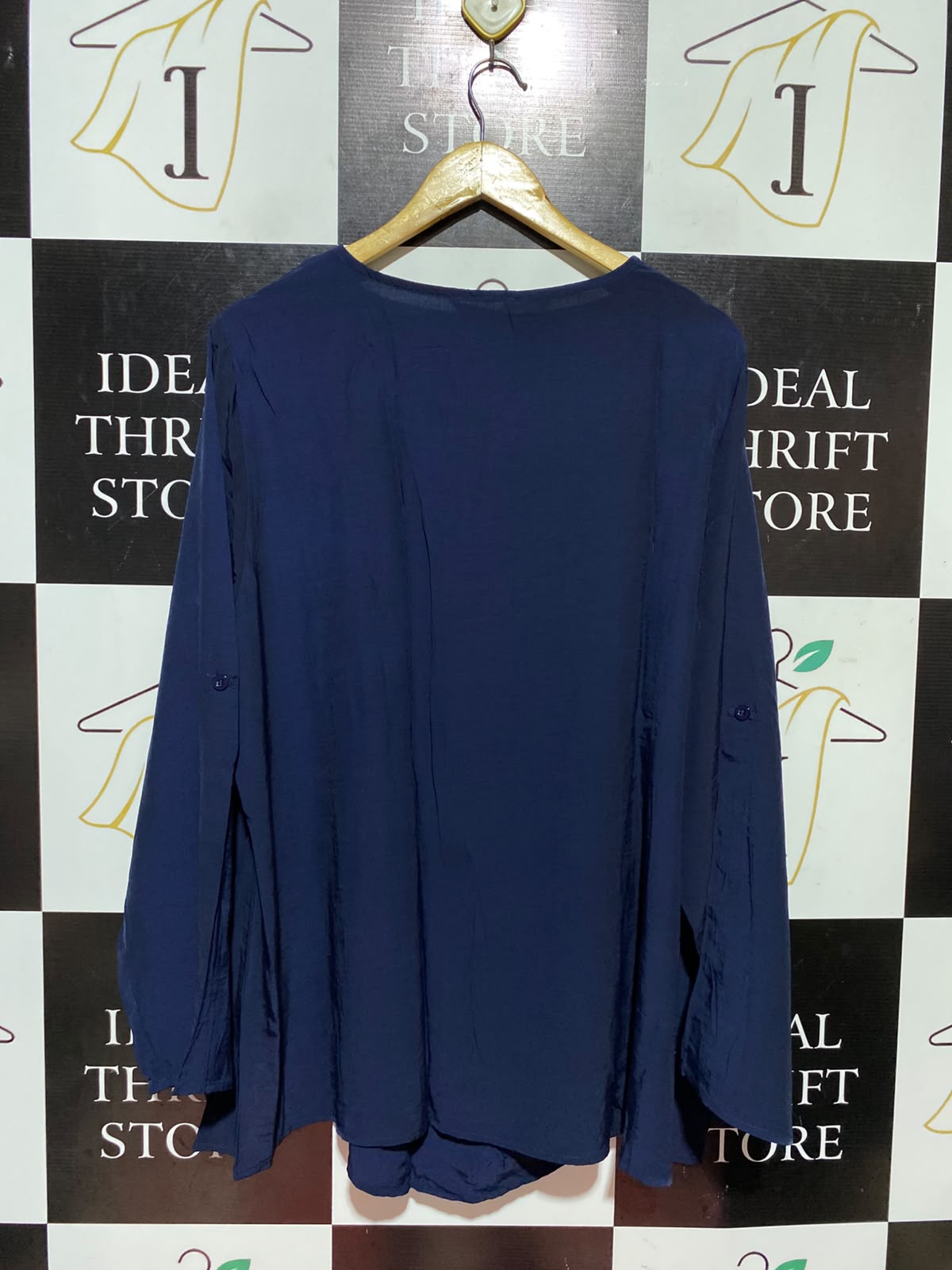 BLOOMCHIC |XL| BUST 25| A13| BLOOMCHIC NAVY BLUE V-NECK BLOUSE - CONVERTIBLE SLEEVE CASUAL TOP