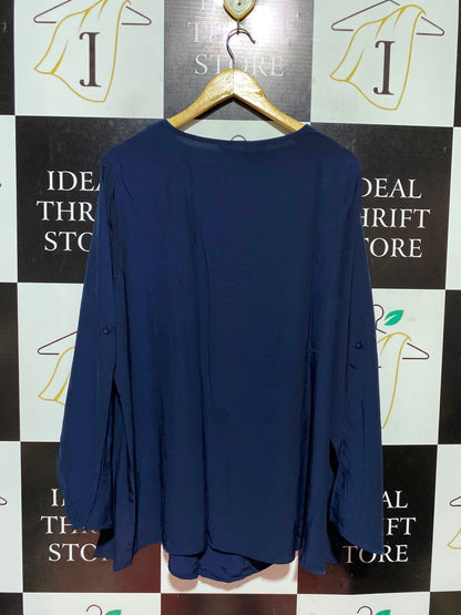 BLOOMCHIC |XL| BUST 25| A13| BLOOMCHIC NAVY BLUE V-NECK BLOUSE - CONVERTIBLE SLEEVE CASUAL TOP
