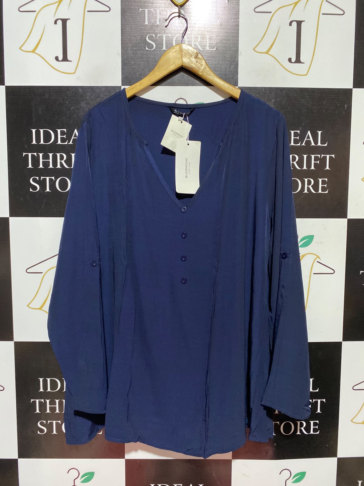 BLOOMCHIC |XL| BUST 25| A13| BLOOMCHIC NAVY BLUE V-NECK BLOUSE - CONVERTIBLE SLEEVE CASUAL TOP