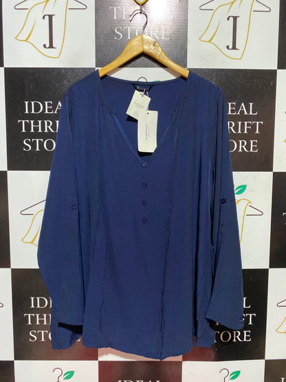 BLOOMCHIC |XL| BUST 25| A13| BLOOMCHIC NAVY BLUE V-NECK BLOUSE - CONVERTIBLE SLEEVE CASUAL TOP