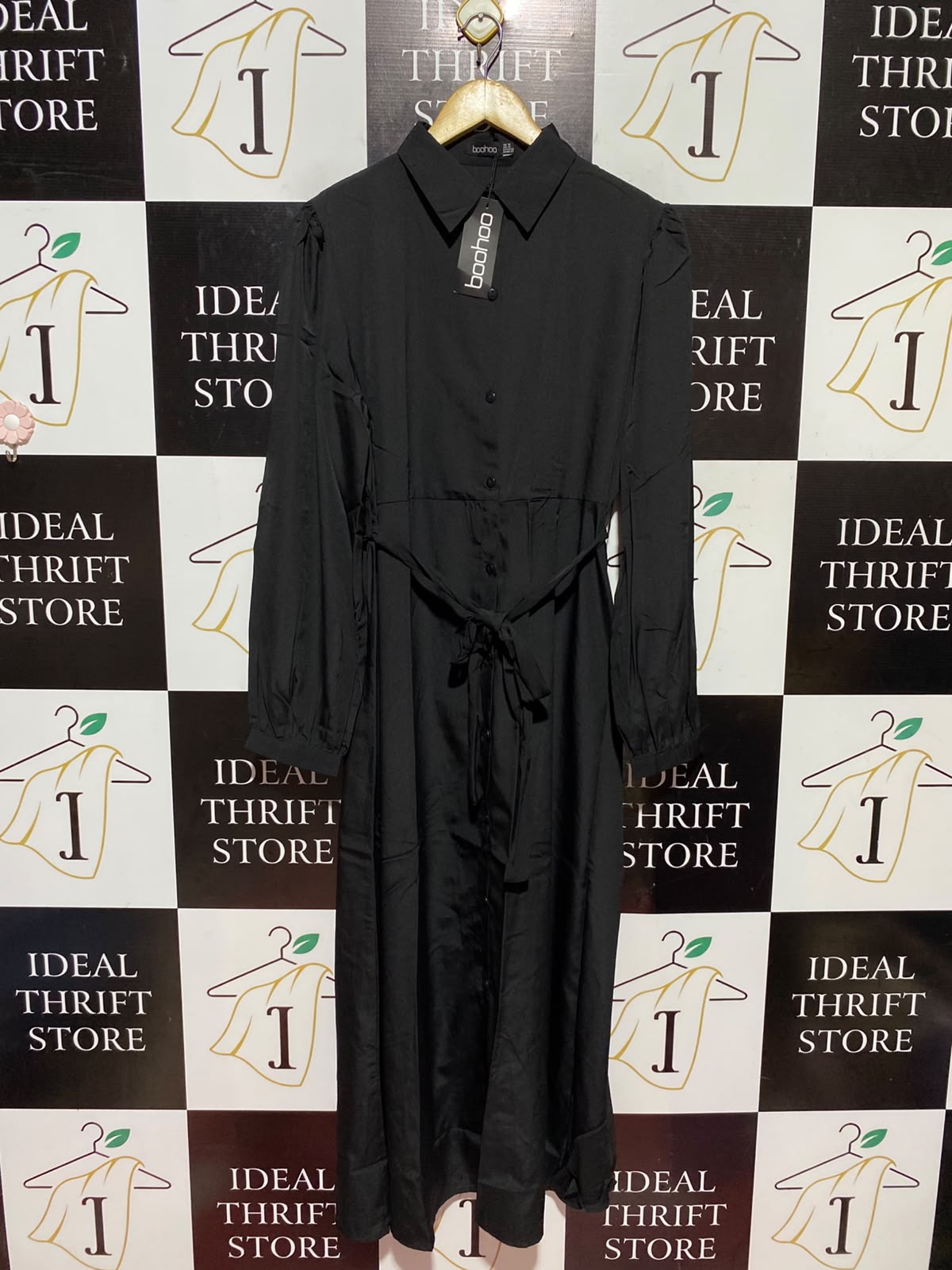BOOHOO |M| BUST 19| A13| BLACK BUTTON DOWN MAXI SHIRT DRESS - LONG SLEEVE BELTED CASUAL DRESS
