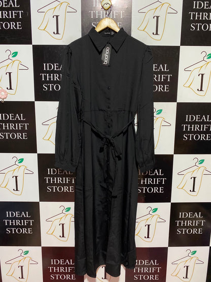 BOOHOO |M| BUST 19| A13| BLACK BUTTON DOWN MAXI SHIRT DRESS - LONG SLEEVE BELTED CASUAL DRESS