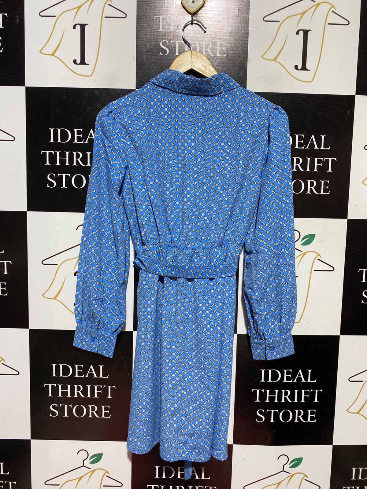 PRIMARK | M| BUST 17| A13| BLUE GEOMETRIC PRINT MINI DRESS - LONG SLEEVE BELTED SHIRT DRESS