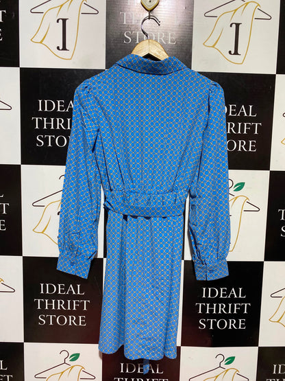 PRIMARK | M| BUST 17| A13| BLUE GEOMETRIC PRINT MINI DRESS - LONG SLEEVE BELTED SHIRT DRESS