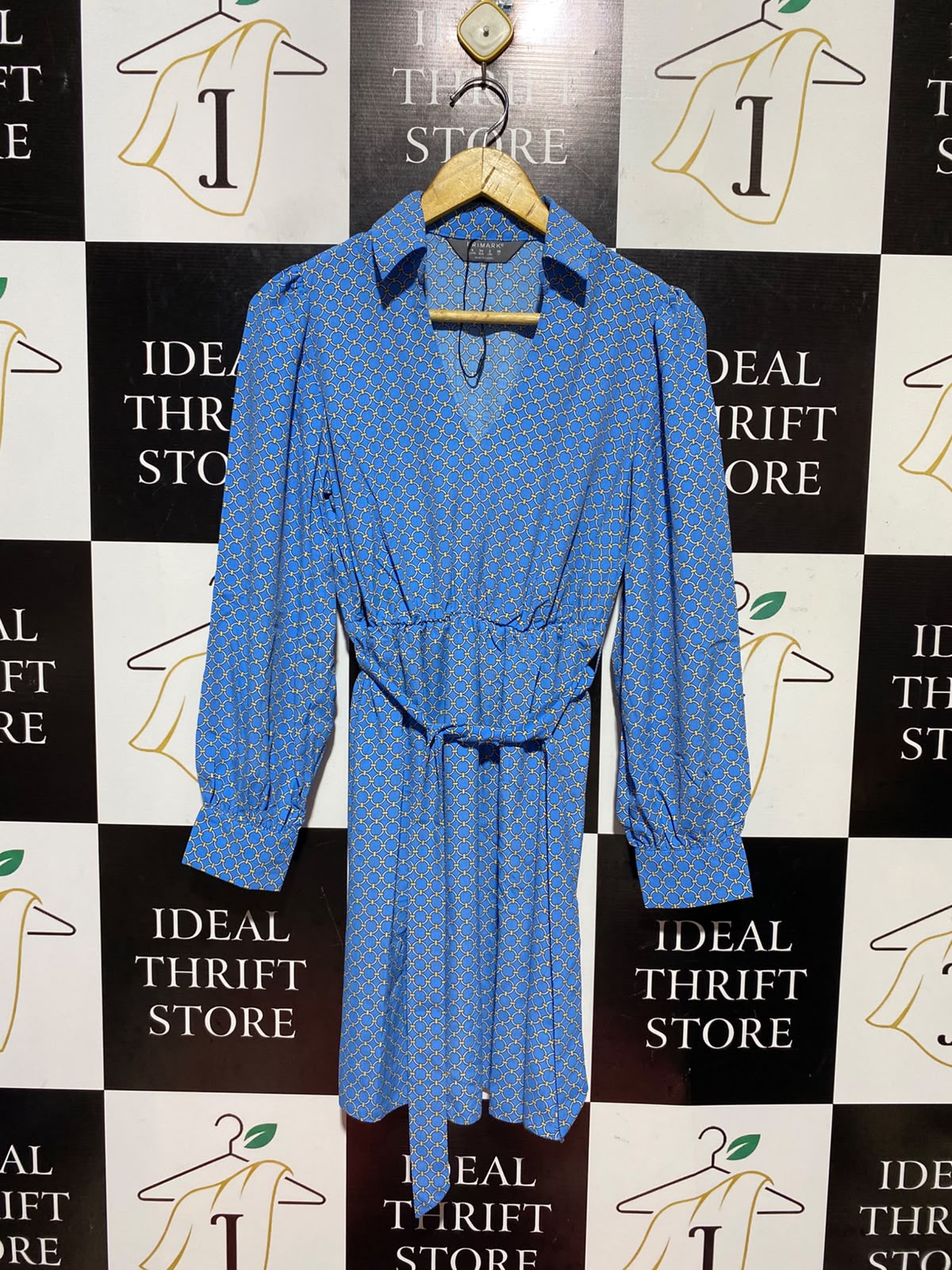 PRIMARK | M| BUST 17| A13| BLUE GEOMETRIC PRINT MINI DRESS - LONG SLEEVE BELTED SHIRT DRESS