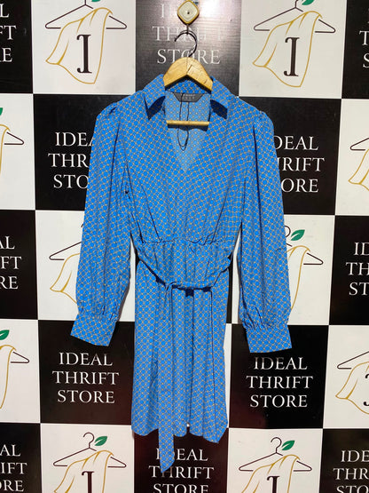 PRIMARK | M| BUST 17| A13| BLUE GEOMETRIC PRINT MINI DRESS - LONG SLEEVE BELTED SHIRT DRESS