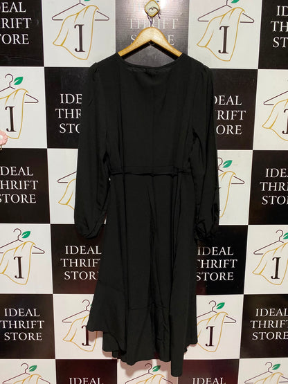 BOOHOO |M| BUST 19| A13| BLACK WRAP MIDI DRESS - LONG SLEEVE RUFFLED EVENING DRESS