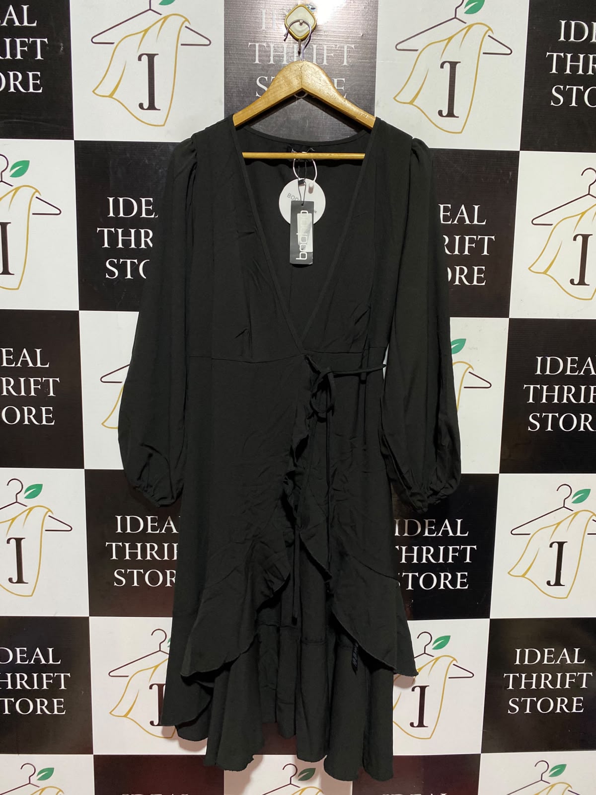 BOOHOO |M| BUST 19| A13| BLACK WRAP MIDI DRESS - LONG SLEEVE RUFFLED EVENING DRESS