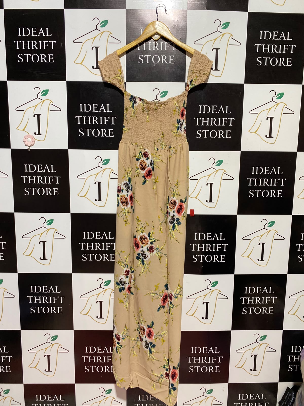 |XL| BUST 12| A13| BEIGE FLORAL OFF-SHOULDER MAXI DRESS - SMOCKED FRONT-SLIT SUMMER DRESS