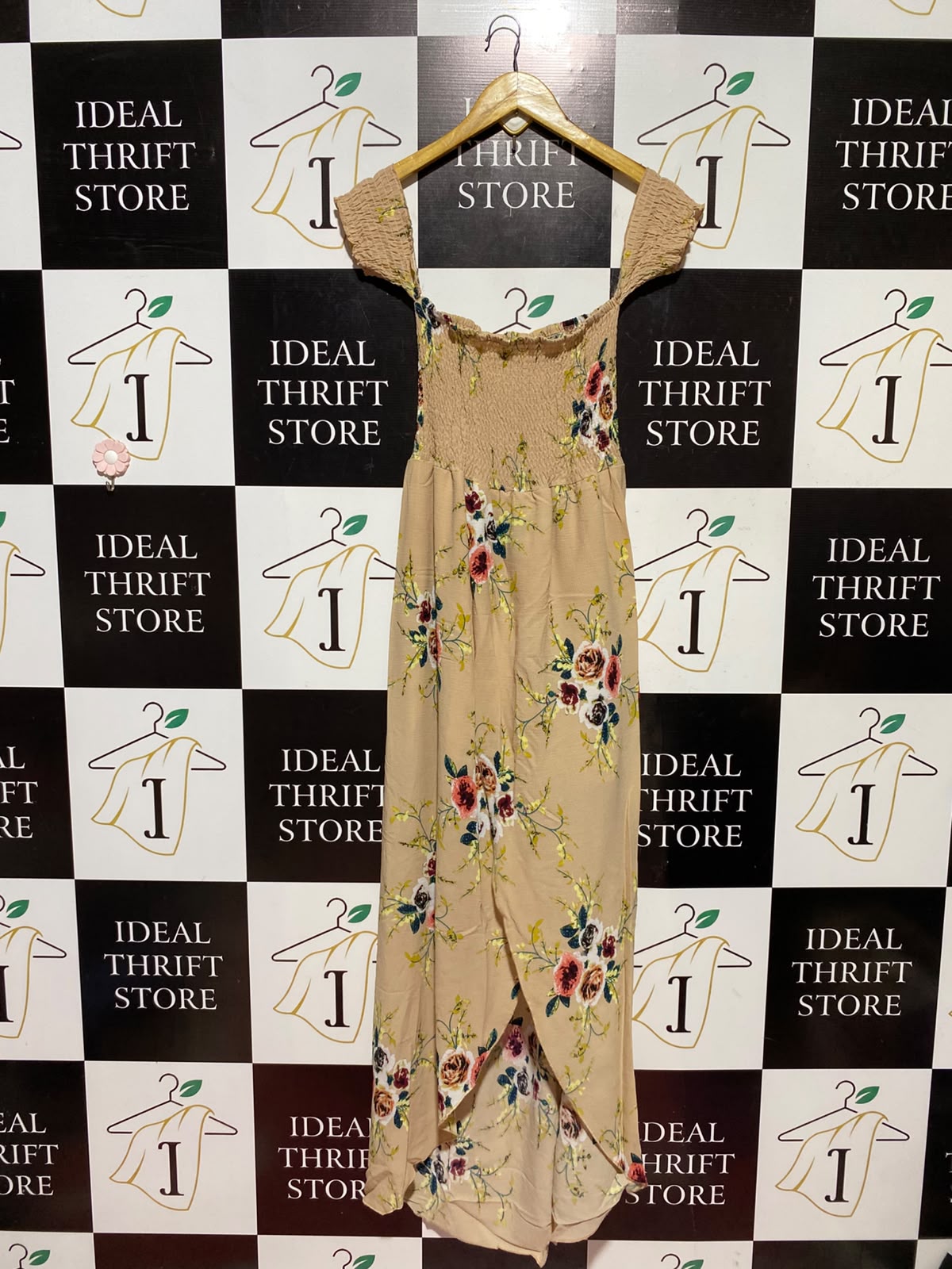 |XL| BUST 12| A13| BEIGE FLORAL OFF-SHOULDER MAXI DRESS - SMOCKED FRONT-SLIT SUMMER DRESS