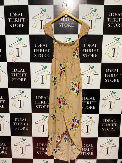 |XL| BUST 12| A13| BEIGE FLORAL OFF-SHOULDER MAXI DRESS - SMOCKED FRONT-SLIT SUMMER DRESS