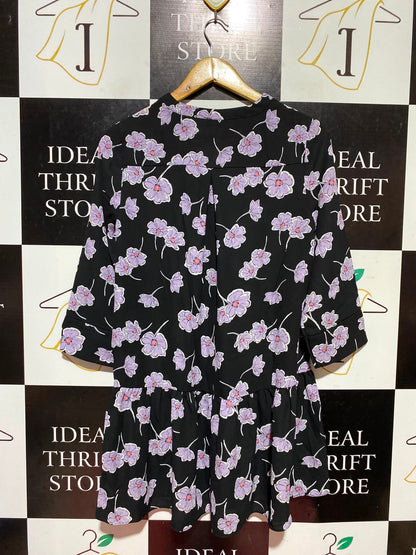 PAPAYA |M| BUST 19| A13| BLACK & PURPLE FLORAL MINI DRESS - 3/4 SLEEVE PEPLUM HEM SHIRT DRESS