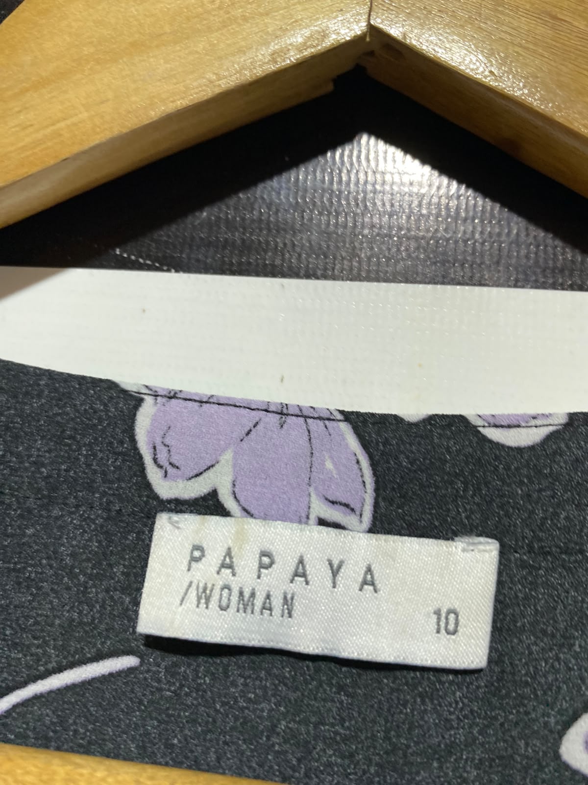 PAPAYA |M| BUST 19| A13| BLACK & PURPLE FLORAL MINI DRESS - 3/4 SLEEVE PEPLUM HEM SHIRT DRESS