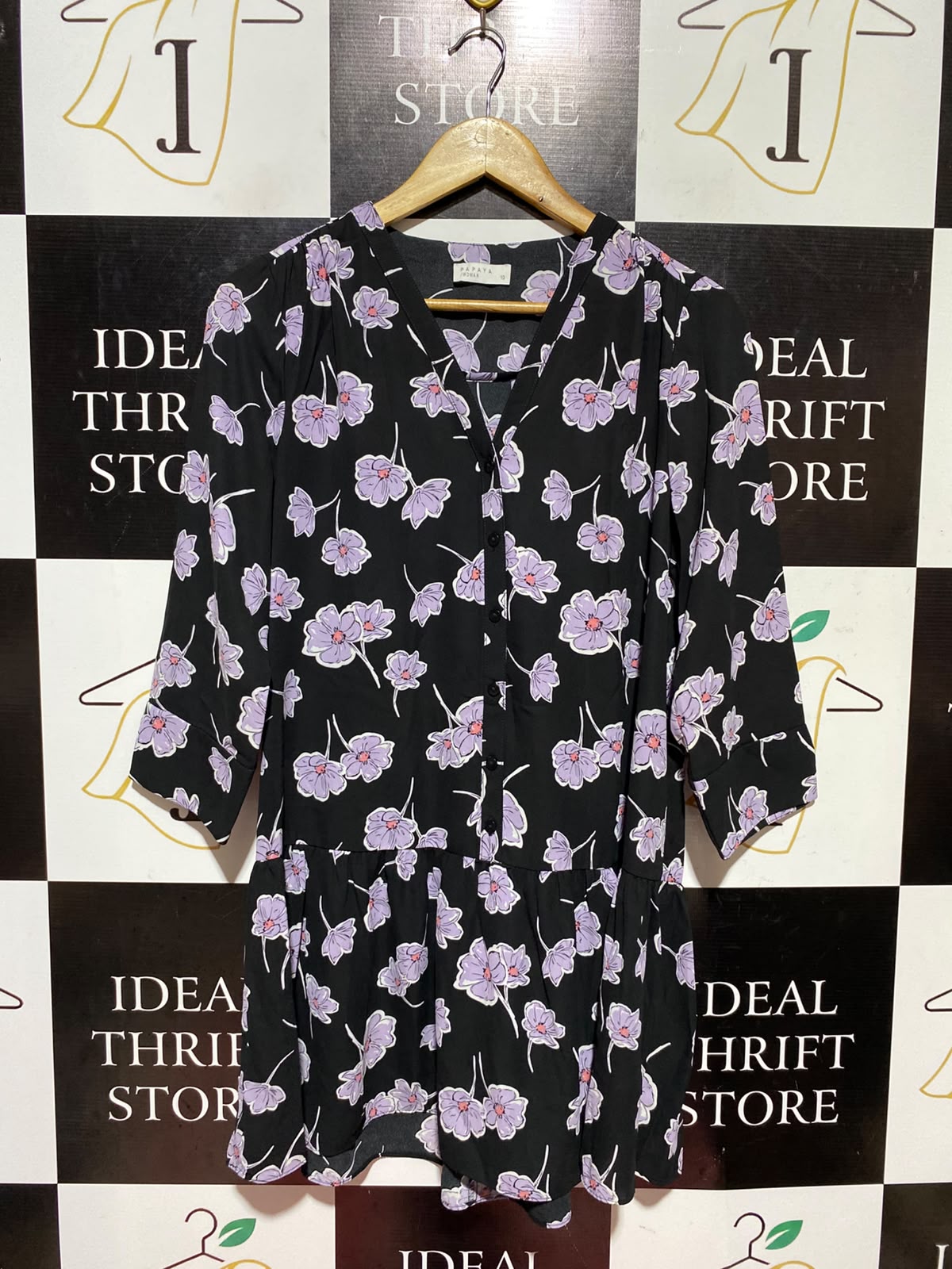 PAPAYA |M| BUST 19| A13| BLACK & PURPLE FLORAL MINI DRESS - 3/4 SLEEVE PEPLUM HEM SHIRT DRESS