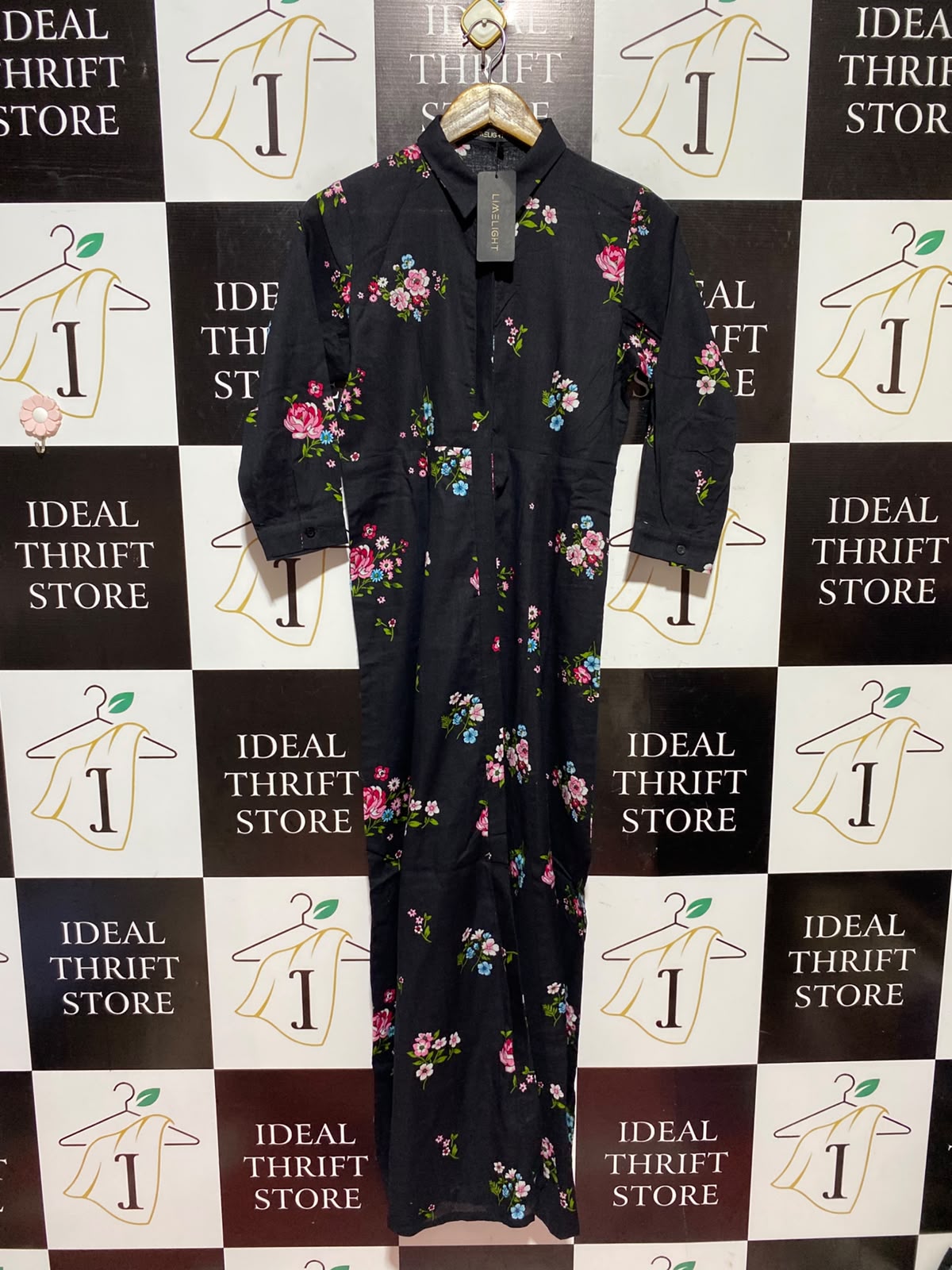LIMELIGHT |M| BUST 18| A13| BLACK FLORAL PRINT MAXI SHIRT DRESS - LONG SLEEVE COLLARED DRESS